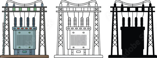 Electrical substation silhouette & Outline and illustration set isolated on transparent background
