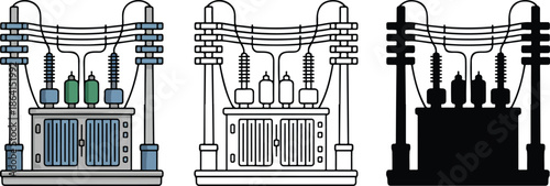 Electrical substation silhouette & Outline and illustration set isolated on transparent background