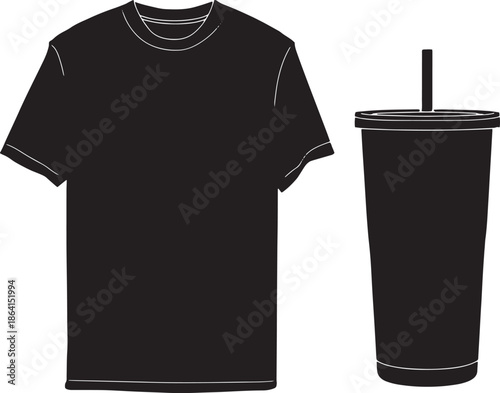 Black Tshirt and tumbler with straw isolated on white background casual wear essentials