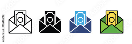 Money in an envelope icon set. payment, salary, and financial transactions symbol. vector illustration