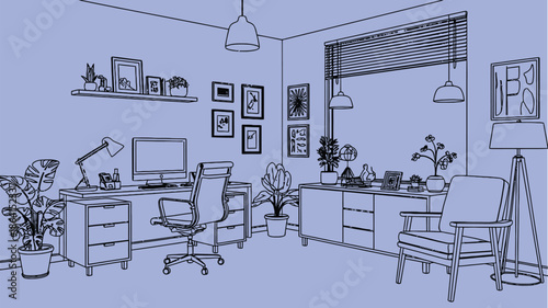 modern home office interior line art style, line drawing of desk, chair, computer, potted plants, and work table, perfect for freelancer workspace, home office illustrations, colouring books.
