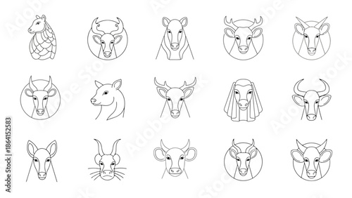 Collection of Stylized Animal Head Line Art Icons for Zodiac and Mythology Concepts