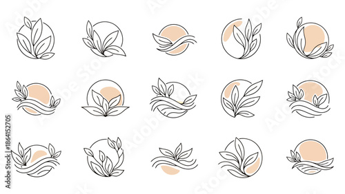 Set of Delicate Organic Leaf and Nature Inspired Circular Emblems for Branding