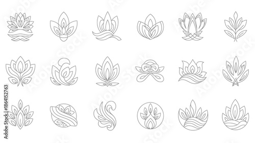 Abstract Floral Motifs and Decorative Emblems Collection Line Art Botanical Designs