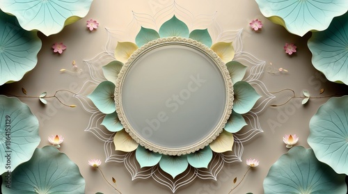 Mandala frame design, soft pastel colors, decorated with beautiful flowers