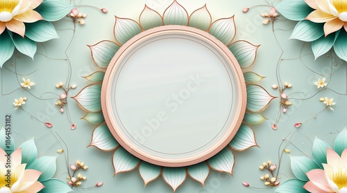 Mandala frame design, soft pastel colors, decorated with beautiful flowers