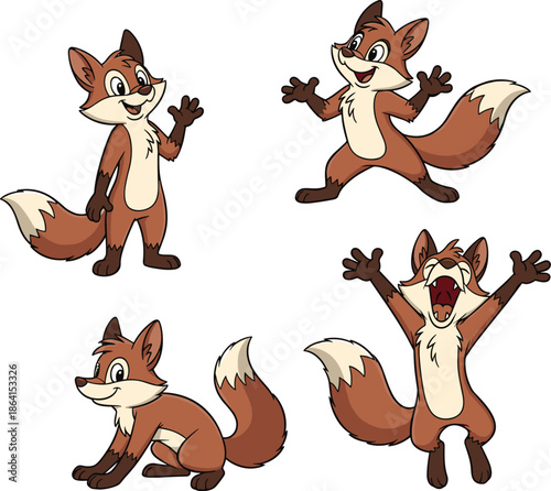 Cartoon fox character pack, cute animal poses, expressive emotions, joyful mascot design, storytelling elements, flat vector illustration