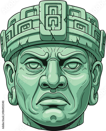 Ancient stone head sculpture with headdress, stern face, cultural symbols, Mesoamerican art, Olmec Aztec style - flat vector illustration
