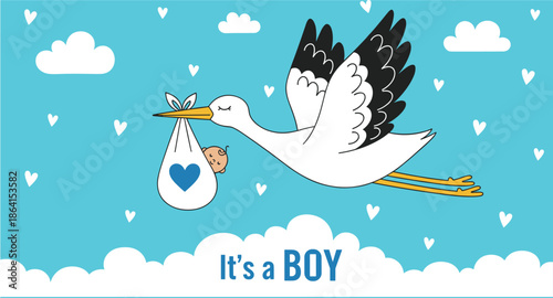 Baby boy announcement stork flying, cartoon style, newborn celebration, blue theme, birth message, cute bundle icon - flat vector illustration