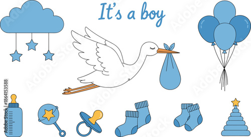 Baby boy birth announcement, stork flying, blue theme, newborn celebration, cartoon style, baby items, welcome message - flat vector illustration