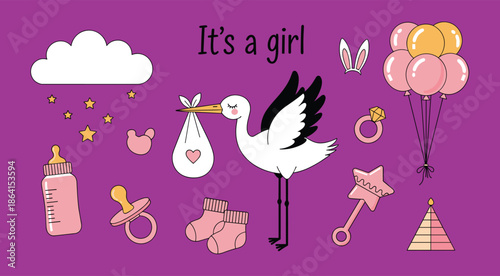Baby girl celebration cartoon with stork, pink items, festive icons, purple background, birth announcement theme - flat vector illustration