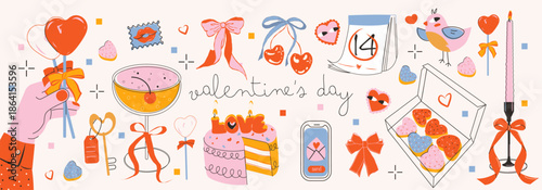 Hand drawn flat design cute elements for Valentines day, wedding invitation, birthday card. Trendy vintage doodle illustrations. Bows, hearts, ribbon, cherry, sweet cake, calendar, bird, lollipops