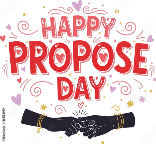 Happy Propose Day greeting card with finger heart sign and vintage floral ornamental typography