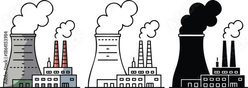 Industrial power plant silhouette & Outline and illustration set isolated on transparent background