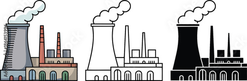 Industrial power plant silhouette & Outline and illustration set isolated on transparent background