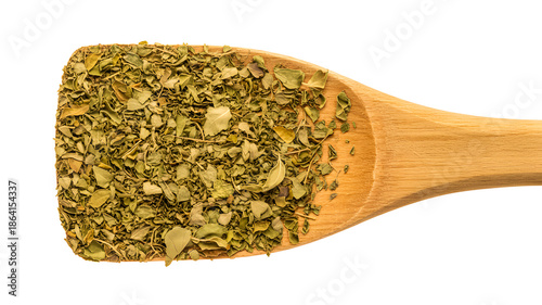 Wooden spoon with dried herbs isolated on transparent background, isolated on white background