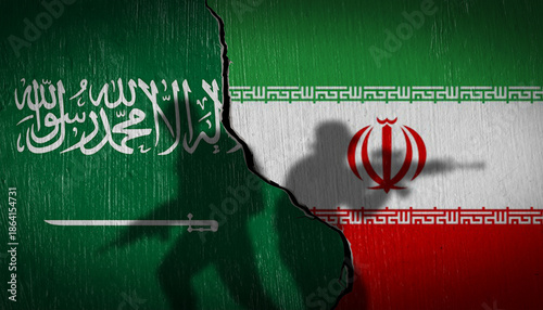Foto National flags of Saudi Arabia and Iran on a cracked wall with soldier silhouettes
