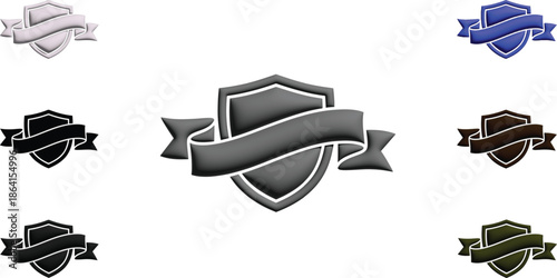 Set of 8 Modern 3D Shield Icons with Elegant Ribbon Banners in Multiple Colors, Professional Protection and Award Emblems for Branding Isolated on Transparent Background AI Generative
