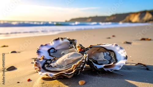 Oyster Shells on a Sandy Beach with Ocean Waves in the Background.