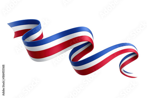 Waving red white blue tricolor ribbon design element, creating a dynamic swirl. Concept of patriotism, celebration, national holiday