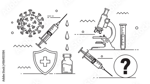Virus and Vaccine Research Concept With Syringe, Microscope, Shield, and Medical Bottle Illustration