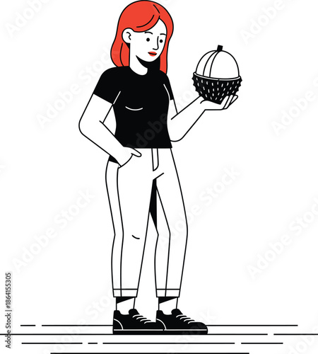 Minimalist Line Art Illustration of a Young Woman with Vibrant Red Hair Holding a Peeled Exotic Lychee Fruit, Modern Clean Vector Graphic Design for Lifestyle and Healthy Food Branding AI Generative
