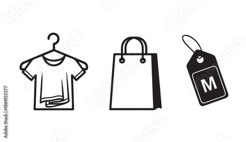 Shopping essentials including hanger, t-shirt, bag, and price tag