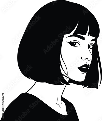 Elegant High-Contrast Monochrome Portrait of a Woman with a Stylish Bob Haircut and Bangs, Minimalist Modern Vector Graphic Illustration Isolated on Transparent Background for Design AI Generative

