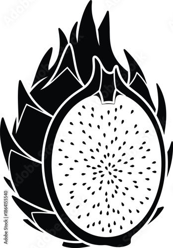 Minimalist Black Dragon Fruit Silhouette Graphic with Detailed Scales and Seeded Pulp Cross-Section, Modern Stylized Exotic Pitaya Icon Isolated on Transparent Background AI Generative

