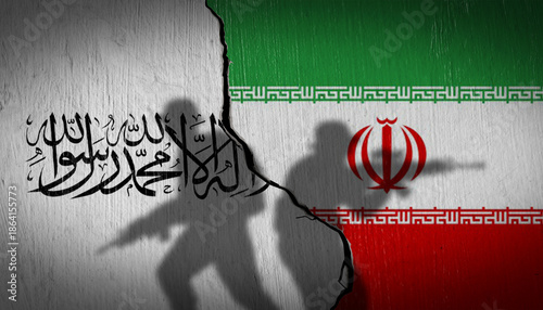 Slika na platnu National flags of Iran and Afghanistan Taliban on a cracked wall with soldier silhouettes