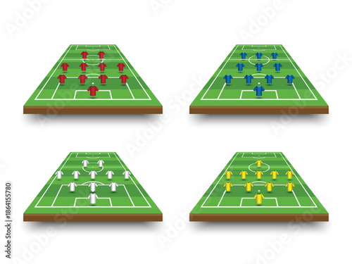 Four triangle soccer game boards with different player configurations