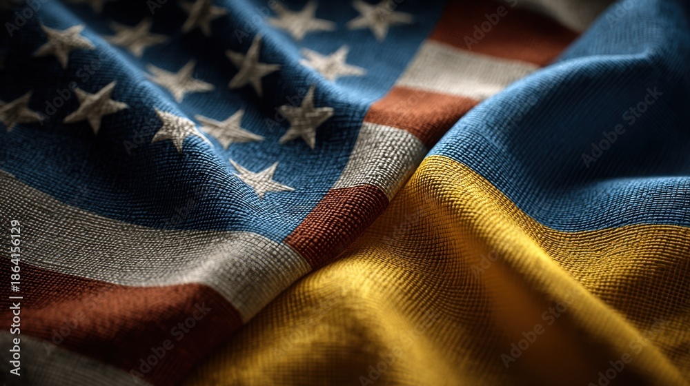 Fototapeta premium Waving flags of the United States and Ukraine blend together in a display of solidarity and support during a significant time