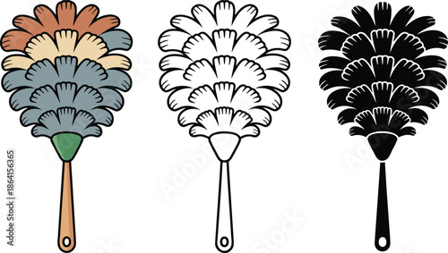 Feather duster silhouette & Outline and illustration set isolated on transparent background