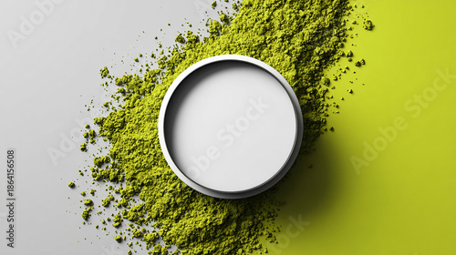 A clean white circle resting in vibrant matcha powder, evoking natural freshness, calm mood, minimalism, and organic simplicity for wellness and lifestyle visuals