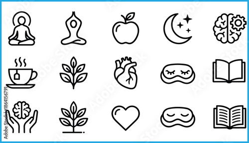 Set of 16 black line icons for wellness, mindfulness, and health including meditation, sleep, nutrition, and mental care for vector illustration content