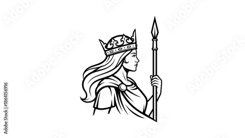 Woman with crown and spear icon illustration in black and white