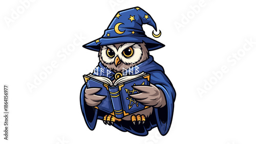 Wise owl wizard reading spellbook illustration isolated on white background