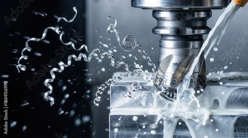 High-speed milling tool processing steel with white cooling emulsion and metal shavings flying. Industrial metalworking and precision engineering.