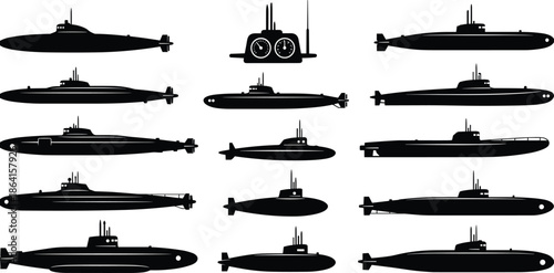 Submarine silhouettes, naval vessels, underwater technology, black and white, control panel, periscope view, marine icons, military design, ocean transport, vector set