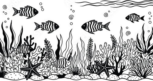 Underwater illustration, striped fish, coral reef, sea plants, marine life, starfish, ocean floor, bubbles, black and white, aquatic nature, ecosystem