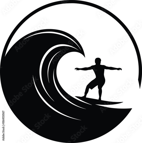 Surfer silhouette, ocean wave, surfing action, black and white, dynamic motion, sea sport, minimal design, graphic style, beach culture, water adventure