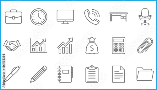 Set of 20 black line icons for office tools and business productivity including charts, documents, and workspace items for vector illustration content