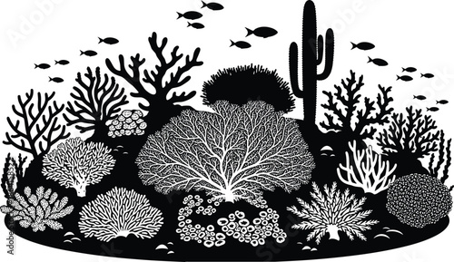 Underwater silhouette, coral reef, marine life, fish swimming, ocean biodiversity, aquatic plants, cactus coral, black and white, nature scene, reef ecosystem