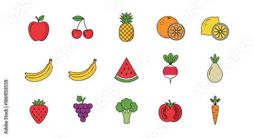 Large collection of colorful fruit and vegetable icons including apple, cherries, pineapple, orange, lemon, banana, watermelon, and fresh greens.