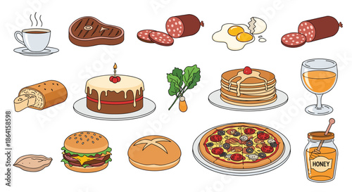 Comprehensive assortment of food and drink icons featuring breakfast items, main courses, desserts, snacks, and a variety of beverages in glasses.