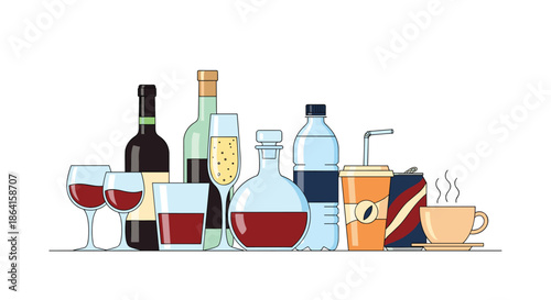 Diverse array of beverage containers and glassware including wine bottles, champagne flutes, whiskey glasses, water bottles, and coffee cups.