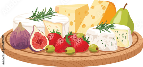 Cheese board with fruits and herbs, gourmet appetizer arrangement for culinary design and entertaining, flat vector 