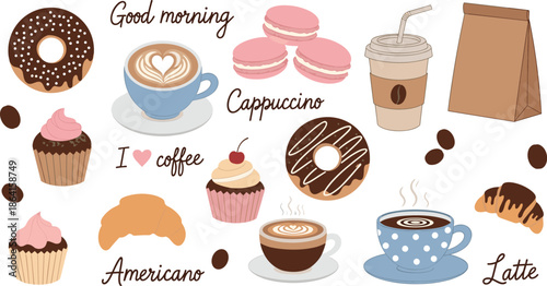 Coffee drinks and sweet pastries with cozy morning vibe, breakfast treats for café lovers, flat vector illustration