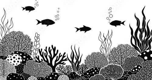 Underwater silhouette, coral reef, marine life, fish swimming, ocean biodiversity, aquatic plants, seaweed, bubbles, black and white, nature scene, reef ecosystem