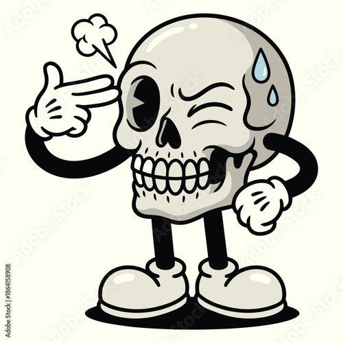 Vintage Rubber Hose Style Skeleton Mascot Winking and Stressed